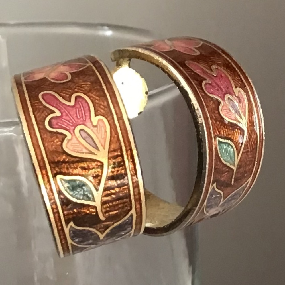 Vintage Cloisonné Enamel Floral Hoop Earrings Gold Tone Boho Retro Autumn